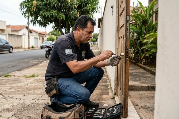 Chaveiro realizando manutenção em uma fechadura em Araraquara.